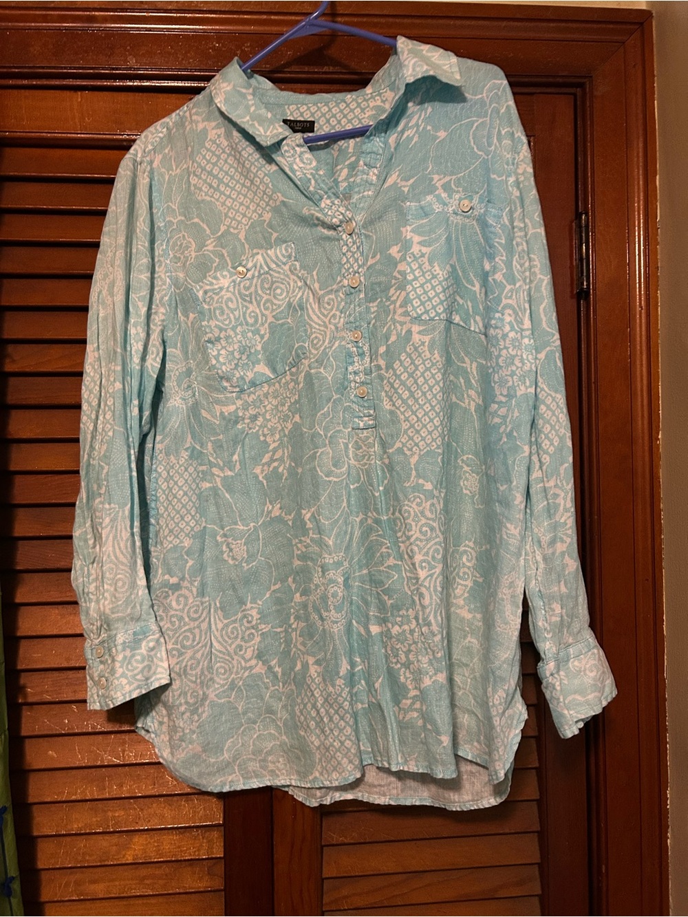 Talbots Aqua and White Printed Collared Button-Up